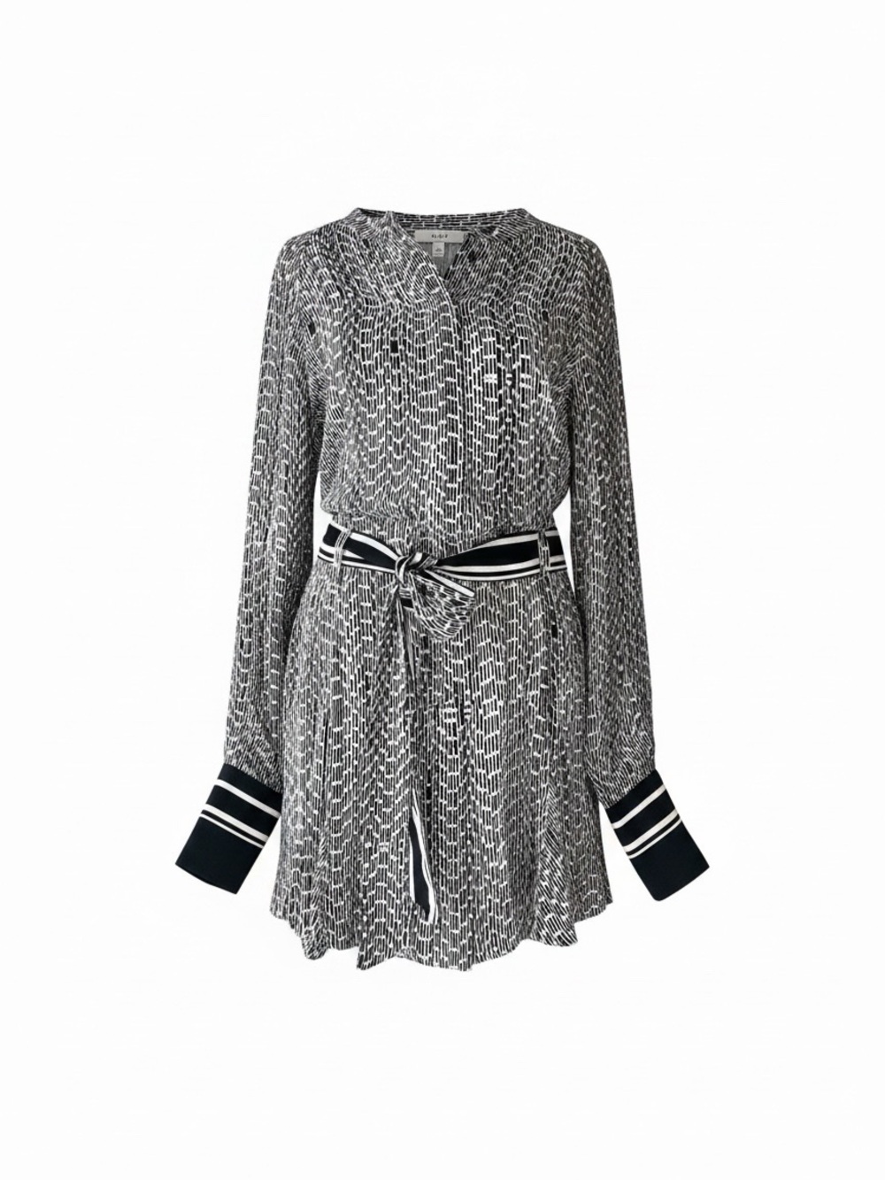 Reiss Laria Flippy Mini Dress -Black & White Printed Long-Sleeve Tie-Waist Dress